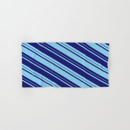 [ Thumbnail: Midnight Blue and Sky Blue Colored Lines Pattern Hand & Bath Towel ]
