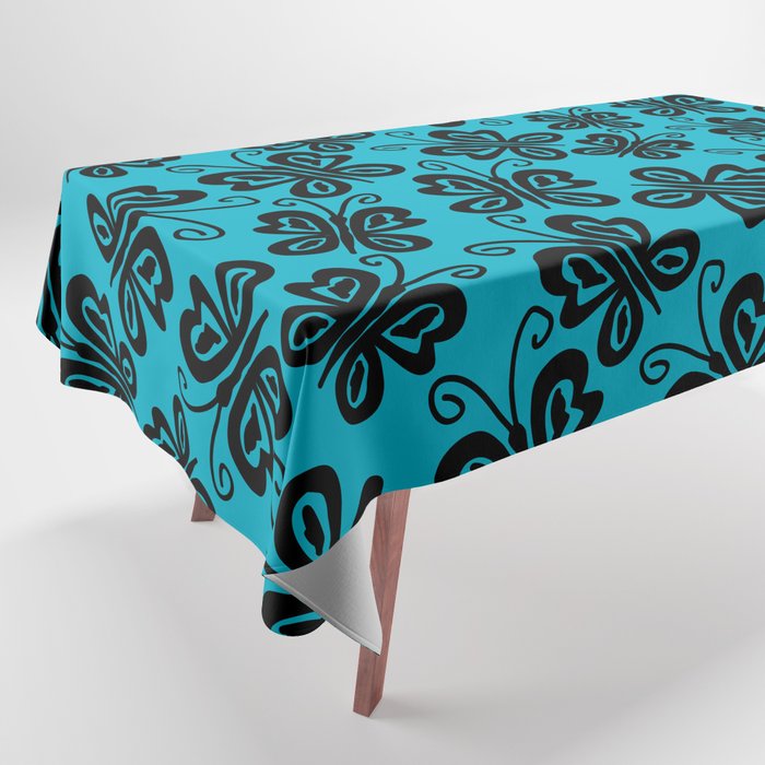 Charming Butterflies in Black on Teal Tablecloth