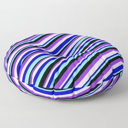 [ Thumbnail: Vibrant Blue, Aquamarine, Black, Purple, and Mint Cream Colored Lined Pattern Floor Pillow ]