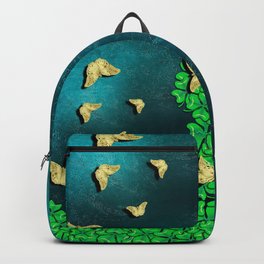 clover and butterflies Backpack | Bold, Flora, Elegant, Collage, Vibrant, Digital Design, Unique, Gold, Teal, Green 