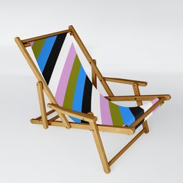 [ Thumbnail: Eye-catching Plum, Green, Blue, Black, and White Colored Stripes Pattern Sling Chair ]