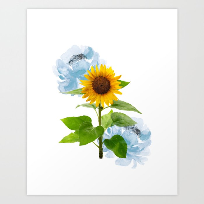 Sunflower Garden, Sunflower Watercolor Painting, Yellow & Blue Palette  Art Print