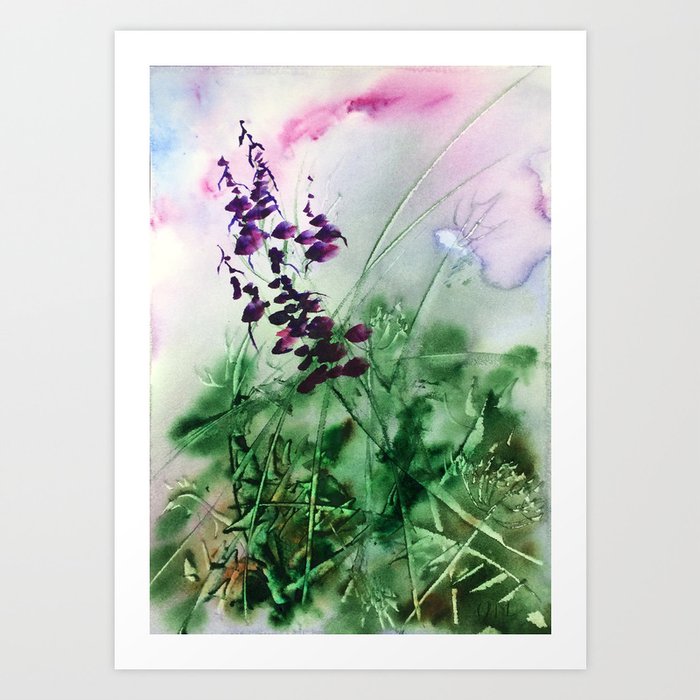 Wheat Grass Wild Flowers Blooming Nature Original Watercolor