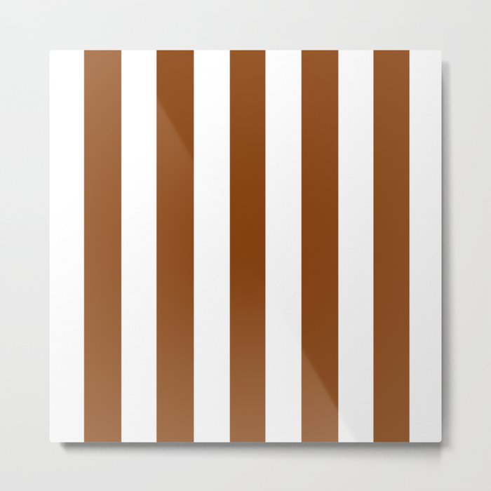 Saddle brown - solid color - white vertical lines pattern Metal Print