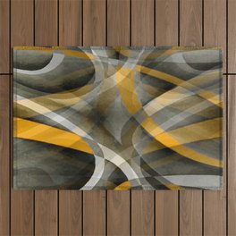 Eighties Retro Mustard Yellow and Grey Abstract Curves Outdoor Rug