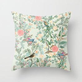Chinoiserie Mint Green Pink Fresco Floral Garden Oriental Botanical  Throw Pillow