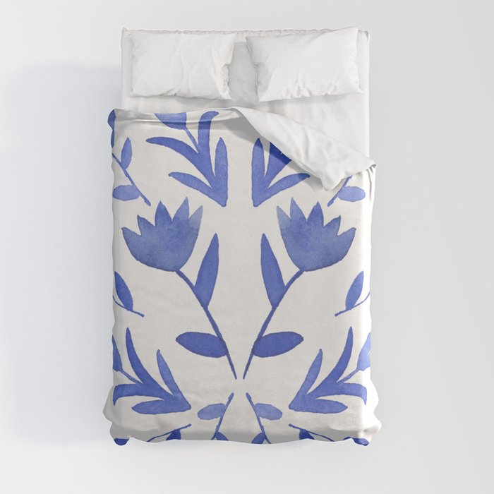 Blue and white flowers, blue flowers, floral design, watercolor art Duvet Cover
