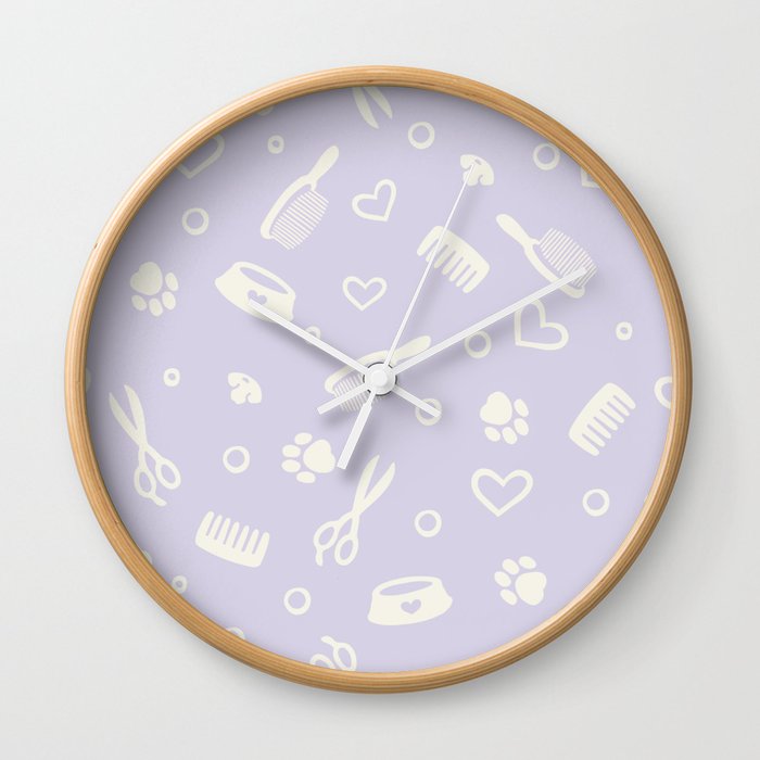 White Pet Hairdresser Tools on Pastel Lilac Purple Wall Clock