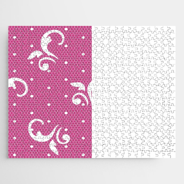 White Floral Curls Lace Vertical Split on Fuchsia Pink Jigsaw Puzzle