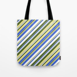 [ Thumbnail: Dark Olive Green, Tan, Royal Blue, and White Colored Stripes Pattern Tote Bag ]