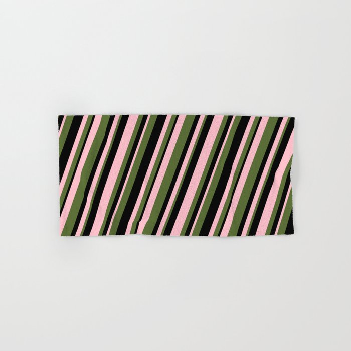 Pink, Dark Olive Green & Black Colored Stripes Pattern Hand & Bath Towel