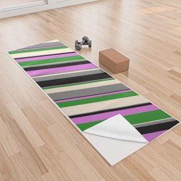 [ Thumbnail: Vibrant Beige, Gray, Black, Orchid & Forest Green Colored Stripes Pattern Yoga Towel ]
