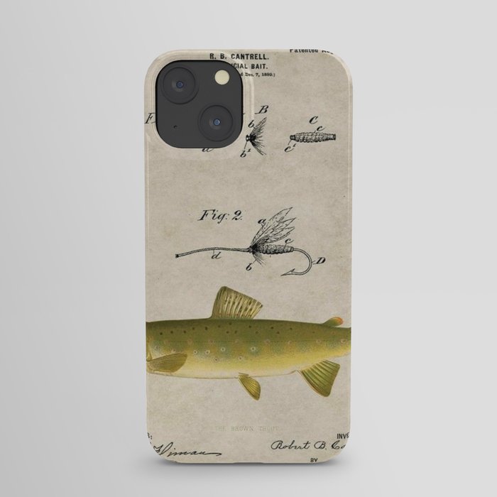 Vintage Brown Trout Fly Fishing Lure Patent Game Fish Identification Chart  iPhone Case by Atlantic Coast Arts and Paintings