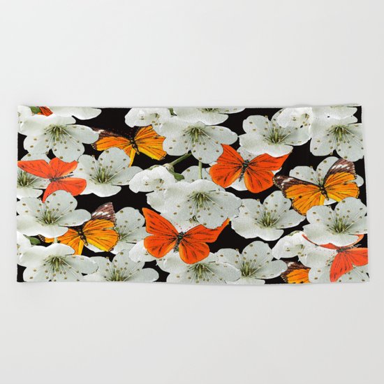 Cherry flowers and colorful butterflies on a black background Beach Towel
