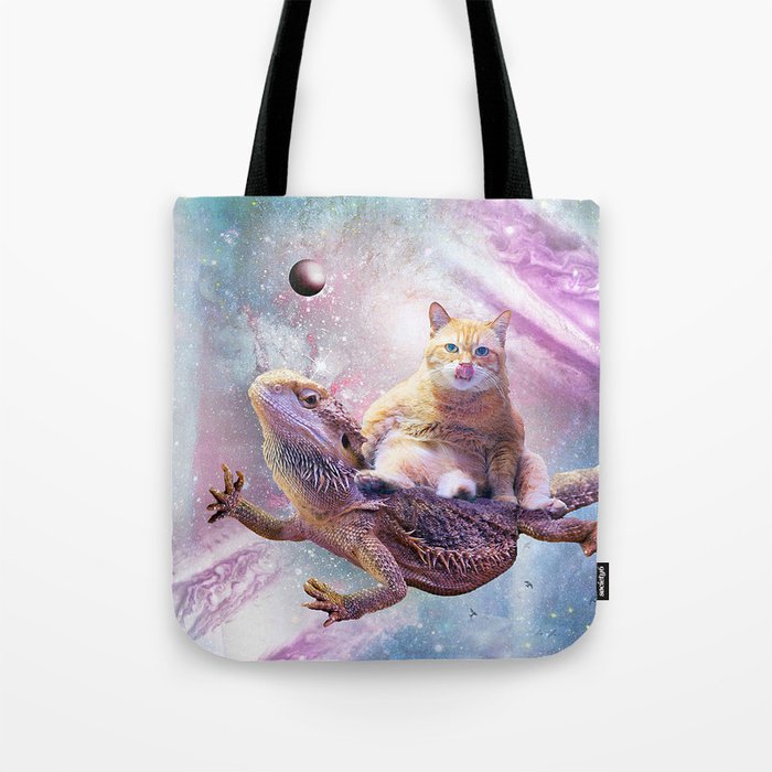 Space Cat Riding Bearded Dragon Lizard Tote Bag
