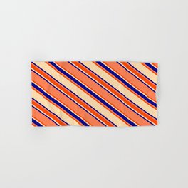 [ Thumbnail: Coral, Red, Tan, and Dark Blue Colored Lines/Stripes Pattern Hand & Bath Towel ]