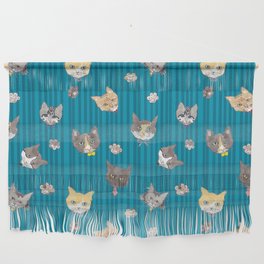 Cats with Paws Pattern/Hand-drawn in Watercolour/Blue Stripe Background Wall Hanging