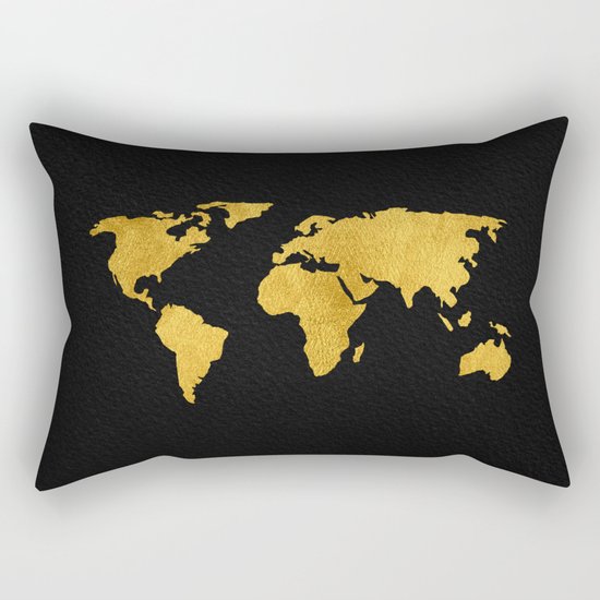 Metallic Gold Foil World Map On Black Rectangular Pillow