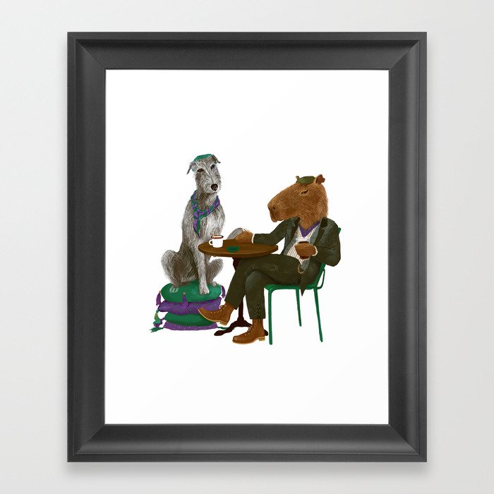 Irish Wolfhound and capybara sitting in the irish pub Framed Art Print