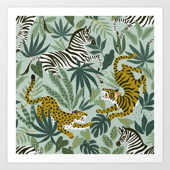 Tigers, leopards and zebra on tropical background. Safari animal print. Art Print