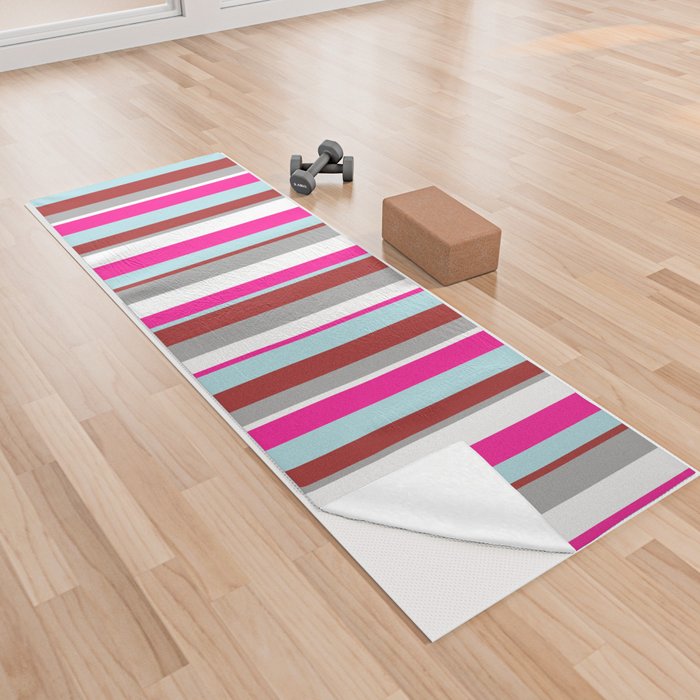 Eye-catching White, Dark Gray, Brown, Powder Blue & Deep Pink Colored Lines/Stripes Pattern Yoga Towel