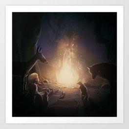 Once Upon a Time Art Print | Night, Child, Wolf, Digital, Forest, Fire, Tree, Blue, Deer, Tale 