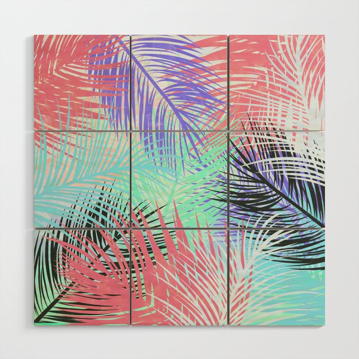 Pastel Retro Tropical Pink Blue Black Watercolor Palm Tree Leaves Pastel Retro Tropical Pink Blue Black Watercolor Palm Tree Leaves Summer Pattern Wood Wall Art