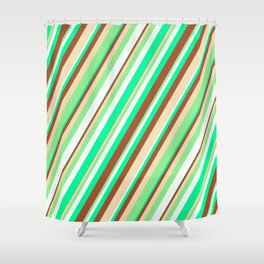 [ Thumbnail: Eye-catching Green, Sienna, Tan, Light Green, and Mint Cream Colored Striped/Lined Pattern Shower Curtain ]