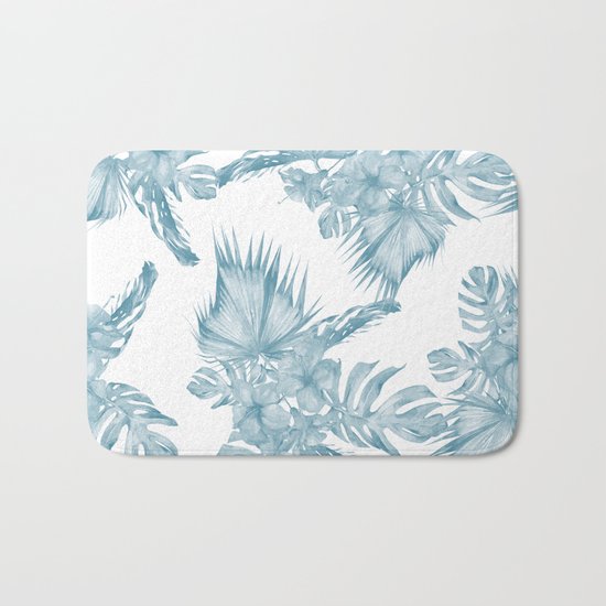 Palm Leaf Hibiscus Classic Blue + White Bath Mat