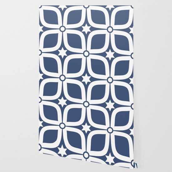 Mid Century Modern 4 Leaf Clover Navy And White Wallpaper By