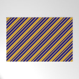 [ Thumbnail: Goldenrod and Dark Blue Colored Lined Pattern Welcome Mat ]