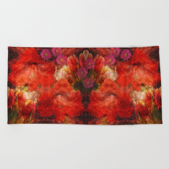 Floral impressionism in passionated red Beach Towel