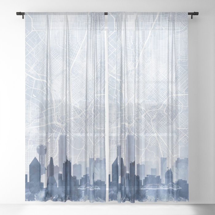 Dallas Skyline & Map Watercolor Navy Blue, Print by Zouzounio Art Sheer Curtain