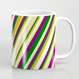 [ Thumbnail: Tan, Purple, Dark Green, Goldenrod, and White Colored Lined/Striped Pattern Coffee Mug ]