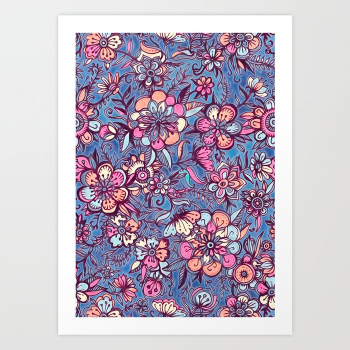 Sweet Spring Floral - soft indigo & candy pastels Art Print