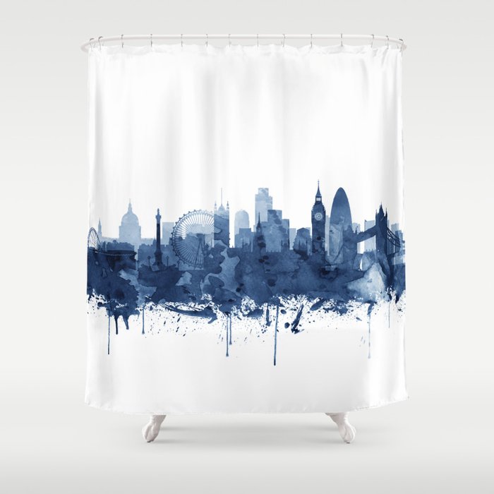 London Skyline Watercolor Blue, Art Print By Synplus Shower Curtain