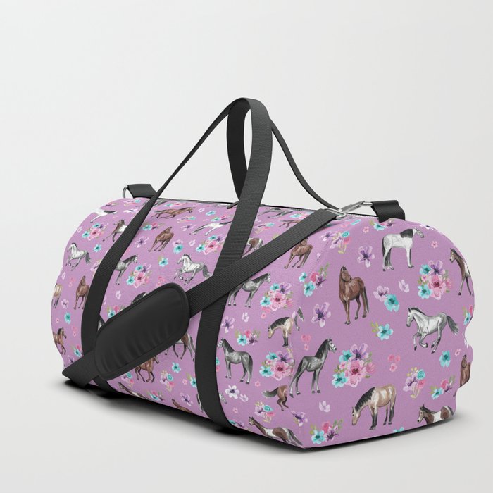 Purple Horse and Flower Print, Hand Drawn, Horse Illustration, Little Girls Decor Duffle Bag