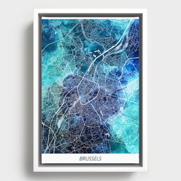 Brussels Belgium Map Navy Blue Turquoise Watercolor Framed Canvas