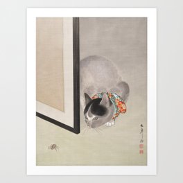Cat Watching a Spider Japanese Painting Art Print