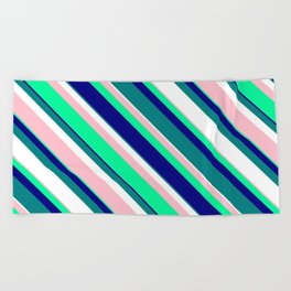 [ Thumbnail: Vibrant Pink, Green, Blue, Teal, and White Colored Striped/Lined Pattern Beach Towel ]