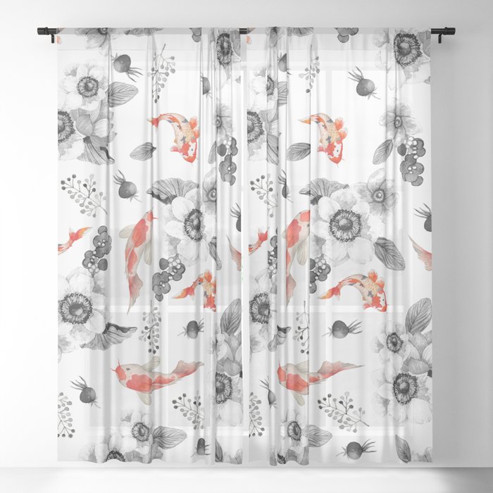 Colorful Orange Black White Watercolor Fl Koi Fish Sheer Curtain By Pink Water Society6 Colorful Orange Black White Watercolor, Sheer Orange Curtains