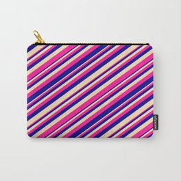 [ Thumbnail: Deep Pink, Dark Blue & Beige Colored Lined Pattern Carry-All Pouch ]