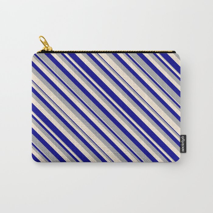 Dark Gray, Beige, and Dark Blue Colored Lined Pattern Carry-All Pouch