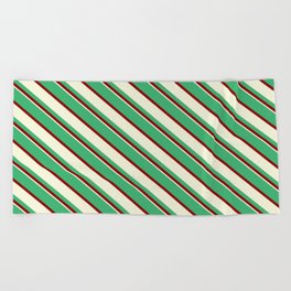 [ Thumbnail: Sea Green, Dark Red, and Beige Colored Lined Pattern Beach Towel ]