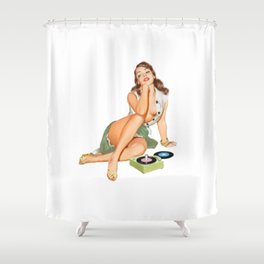 Vintage Pin Up Girl With Two Vinyls, A Green Skirt And Red Nails Shower Curtain