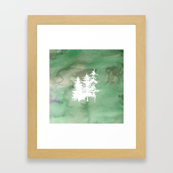 Hand painted forest green white watercolor pine trees Framed Art Print