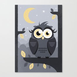 Owl Canvas Print | Fox, Yellow, Kids, Nursery, Grey, Children, Bear, Fun, Black and White, Illustration 