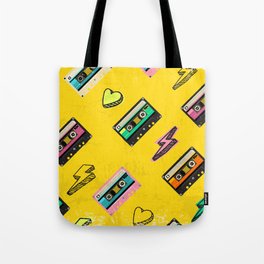 70's, 80's cassette tape vintage retro background. Fashionable poster simple graphic old style with heart and flash. Disco love party 1980. Yellow Tote Bag