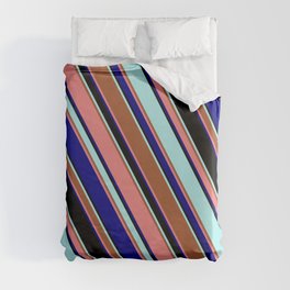 [ Thumbnail: Eyecatching Turquoise, Sienna, Light Coral, Blue, and Black Colored Lined Pattern Duvet Cover ]