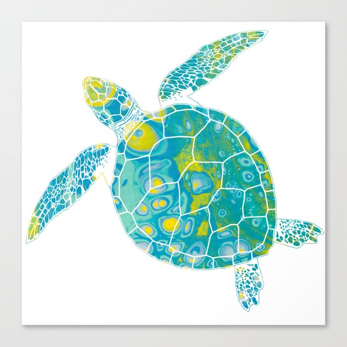 Aqua, Blue, Green & Yellow  Colorful Sea Turtle 3 - Abstract Minimal Marble Fluid Art Paint Beach Art Canvas Print